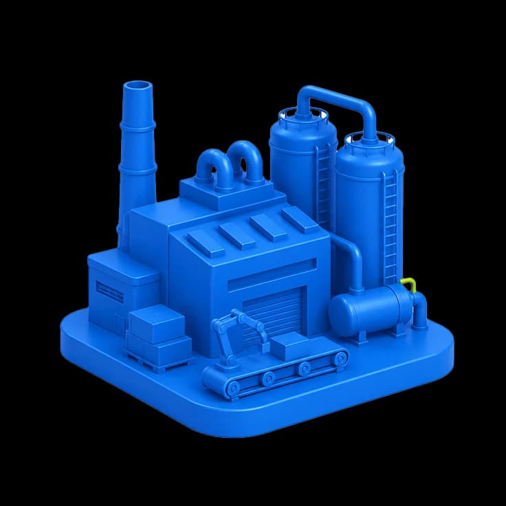 Ilustração 3D de uma fábrica representando o iApp PCP