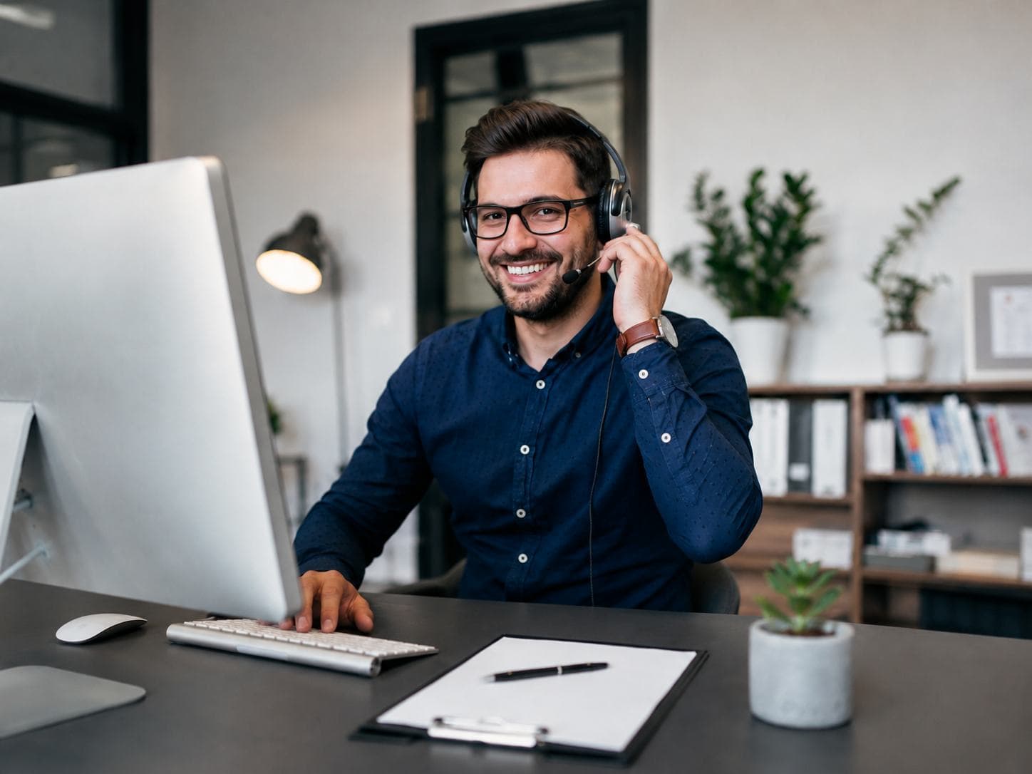 Especialista iApp em atendimento por headset no escritório