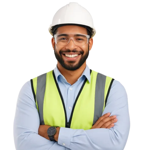 Homem sorridente com capacete de segurança, óculos de proteção e colete refletivo, representando profissional da indústria.