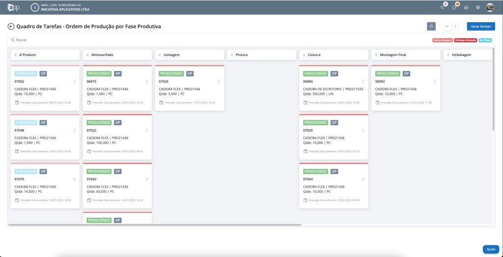 Tela do sistema iApp PCP mostrando quadro de tarefas no modelo Kanban, com ordens de produção organizadas por fases produtivas.